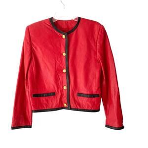 Vintage Evan Davies Red Leather Gold Buttons Jacket Coat Black Trim Chanel vibe